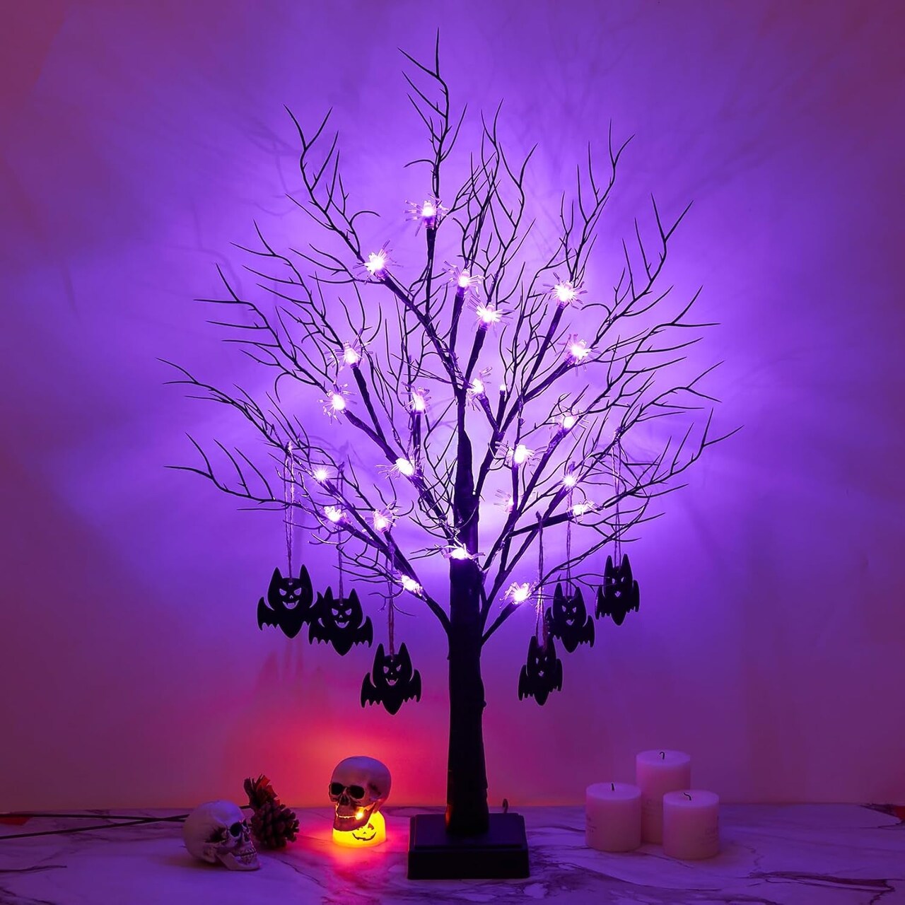 2FT Black Halloween Tree, Spooky Tree with 20 Spider & 24 Purple Lights and 6 Bat Decorations Battery Powered Tabletop Bonsai Tree Decoration for Halloween and Indoor